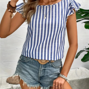 Navy Striped Ruffle Round Neck Blouse