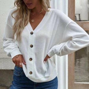 White Knit Waffle V-Neck Long Sleeve Blouse