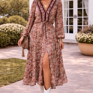 Boho Floral Lace Ruffle Midi Dress
