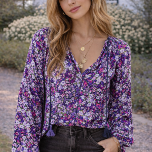 Purple Floral Fringe Tie-Front V-Neck Blouse