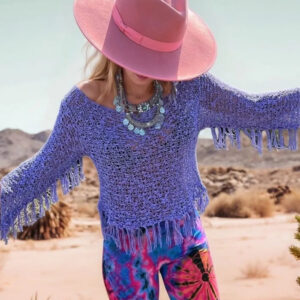 Electric Purple Knit Fringe Boat Neck Cover-Up